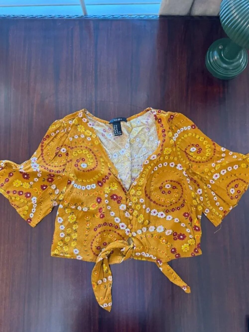 Forever 21 Mustard Floral Tie Front Bell Sleeve Crop Top M